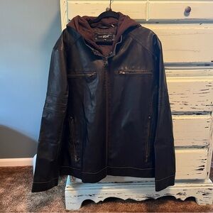 Black Rivet Black Leather Jacket with removable Brown Hood. Size XXL.